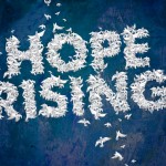 Hope rising spelled out in white doves against a blue bachground