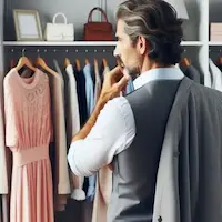 A man contemplating on the dresses in the closet.