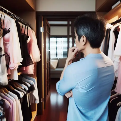A man contemplating women clothes in his closet.