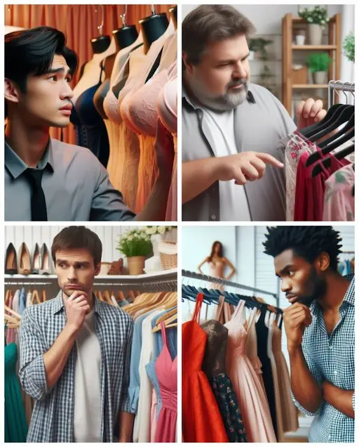 Various men looking at women clothes.